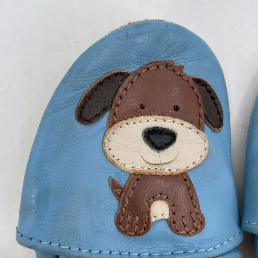 Puppy Shoes Blue Leather Baby Crib Soft Sole Slip On Footware Size 0-6 Months